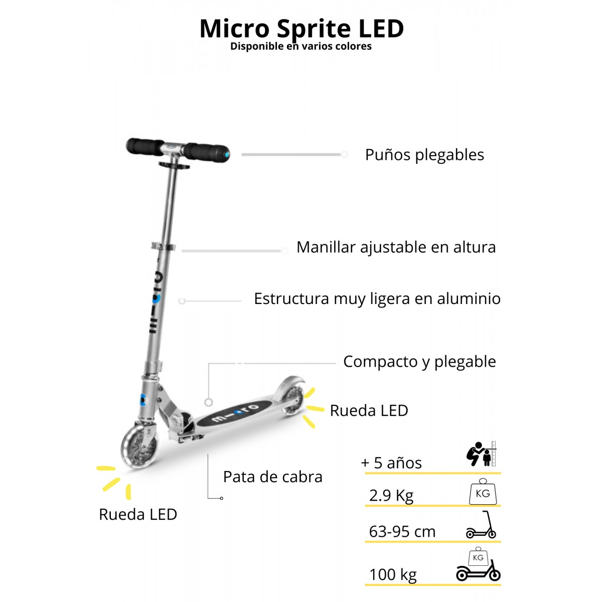 Patinete Ligero 2 ruedas Micro Sprite Con LED